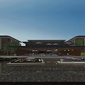 Modern Waterfront Hotel Building with Lake Dock Glass Windows Evening Lighting and Greenery Walkway