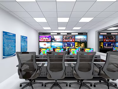 Monitoring Room With Multiple Monitor Screens Arranged On Wall Blue Notice Boards And Office Chairs 3d model