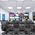 Monitoring Room With Multiple Monitor Screens Arranged On Wall Blue Notice Boards And Office Chairs