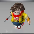 Cartoon Child with Brown Hair Wearing Yellow Vest Red Scarf Holding Mechanical Arm Tool