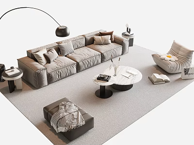 Modern Cozy Sofa And Coffee Table Set With Plush Pillows Floor Lamp And Soft Rug 3d model