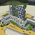 Modern Geometric Facade Office Building With Lush Green Vegetation And Mountain View