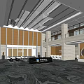 Modern Spacious Service Hall Interior With High Ceiling Strip Lights Marble Floor And Reception Desk