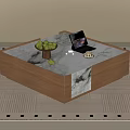 Modern Coffee Table With Marble Top Wooden Base And Green Apples Laptop In Living Room