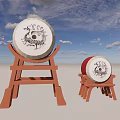 Interactive Zone Featuring Red Drums on Wooden Stands With Surface Patterns and Blue Sky Background 3d model