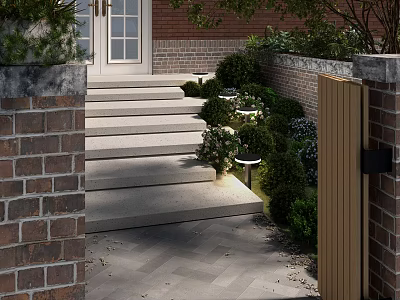 Courtyard Garden Design With Stone Steps Brick Walls Green Plants And Lighting 3d model