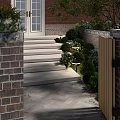 Courtyard Garden Design With Stone Steps Brick Walls Green Plants And Lighting