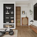 Modern Living And Dining Room With Beige Sofa Coffee Table Rug Fireplace And Decorative Bookshelf