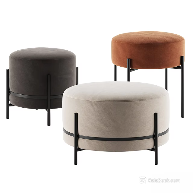 Modern Round Velvet Ottoman Stools with Metal Legs in Different Colors 3d model 