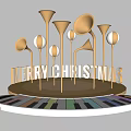Festive Christmas Decor with Golden Trumpets Spherical Ornaments Merry Christmas Lettering on Piano Keyboard Base