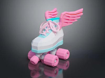 White and Light Blue Roller Skates with Pink Wings and Pink Wheels Design 3d model