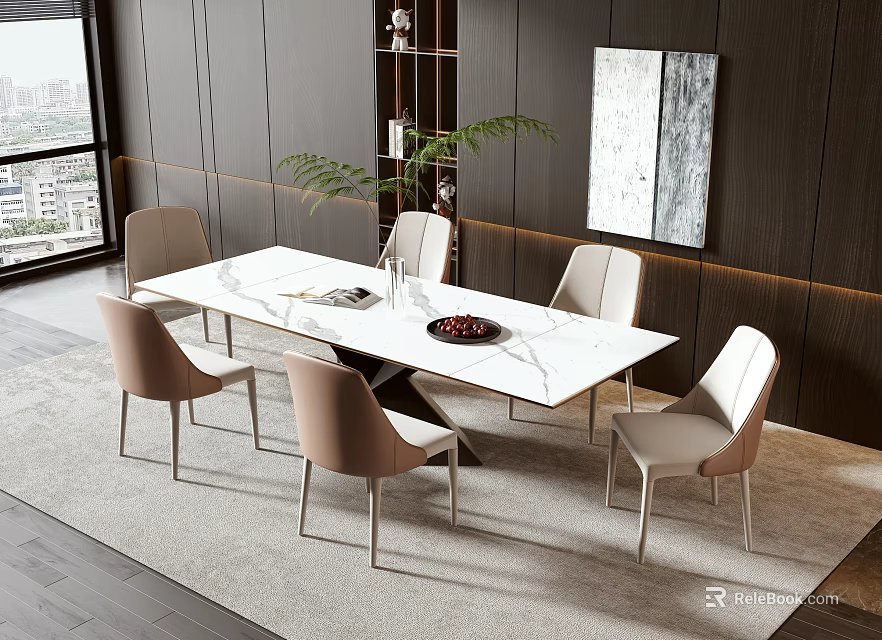 Modern Dining Table Set With Marble Top And Light Colored Chairs 3d model