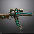 Vintage Modern Gun With Wooden Body Blue Glowing Accents And Scope