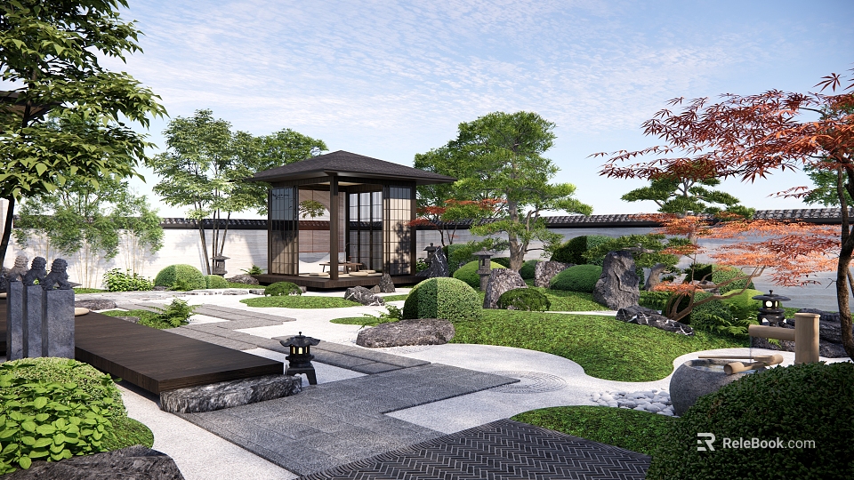 Karesansui Garden With Stone Lantern Mossy Stones Gravel Paths And Traditional Pavilion 3d model 