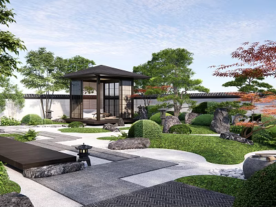 Karesansui Garden With Stone Lantern Mossy Stones Gravel Paths And Traditional Pavilion 3d model