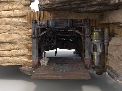 Stone Cave Interior With Wooden Frames Mechanical Devices And Metal Platform 3d model