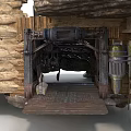Stone Cave Interior With Wooden Frames Mechanical Devices And Metal Platform