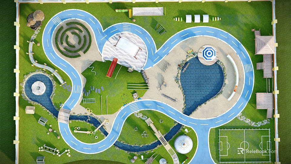 Aerial View Of Recreational Park With Maze Water Pool Curved Track And Playground Areas 3d model 
