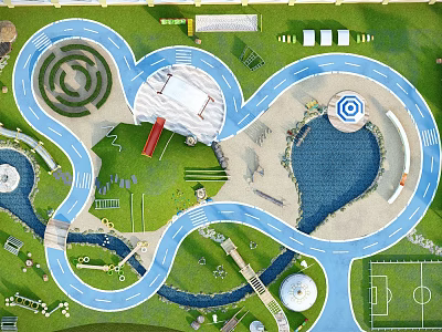 Aerial View Of Recreational Park With Maze Water Pool Curved Track And Playground Areas 3d model