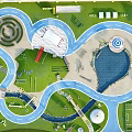 Aerial View Of Recreational Park With Maze Water Pool Curved Track And Playground Areas