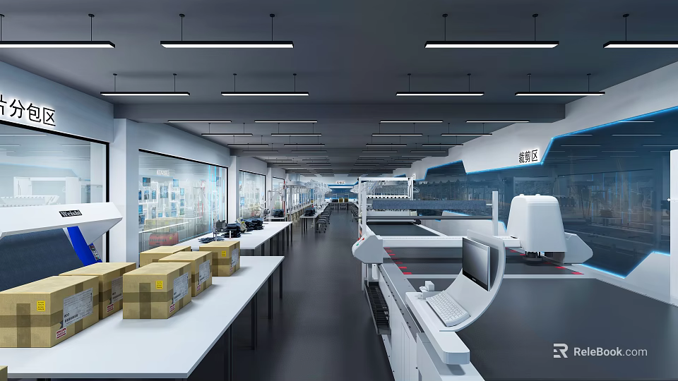Modern Industrial Workshop Interior With Tables Cardboard Boxes Machinery And Strip Lights 3d model 