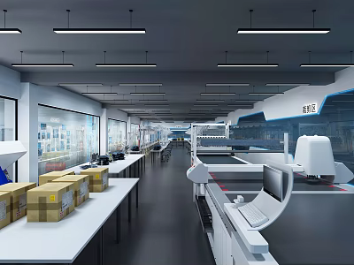 Modern Industrial Workshop Interior With Tables Cardboard Boxes Machinery And Strip Lights 3d model