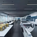 Modern Industrial Workshop Interior With Tables Cardboard Boxes Machinery And Strip Lights