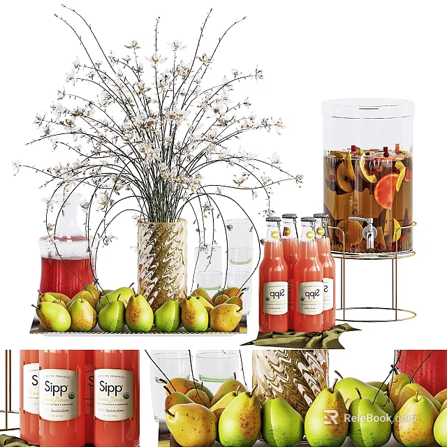 Fresh Fruits Display With Pears Decorative Bouquet Fruit Juice Bottles And Dispenser 3d model 