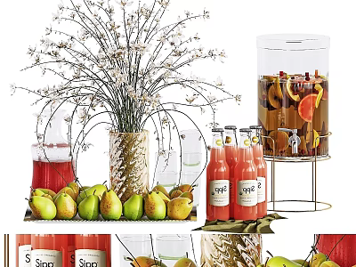 Fresh Fruits Display With Pears Decorative Bouquet Fruit Juice Bottles And Dispenser 3d model