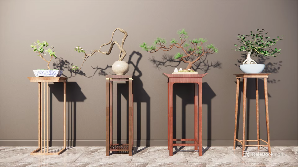 Four Wooden Plant Stands With Bonsai And Decorative Plants Against Gray Wall 3d model 