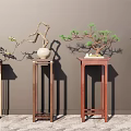 Four Wooden Plant Stands With Bonsai And Decorative Plants Against Gray Wall