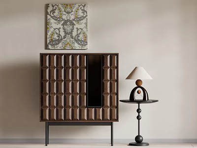 Wooden Decorative Cabinet With Geometric Pattern Above Wall Art And Side Table Lamp 3d model