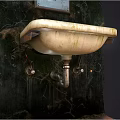 Vintage Ceramic Washbasin With Double Faucets Stained Surface And Exposed Pipes