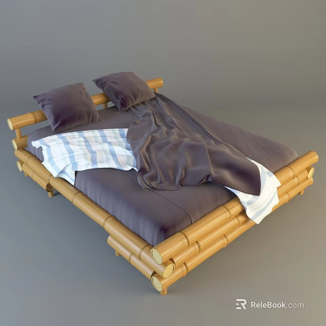 Double Bed With Bamboo Frame Dark Pillows And Blue White Striped Blanket 3d model 