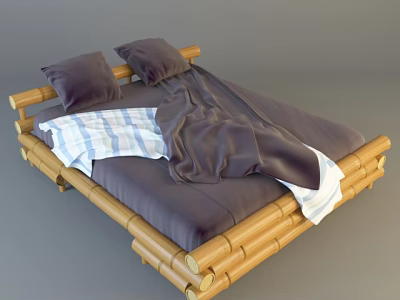 Double Bed With Bamboo Frame Dark Pillows And Blue White Striped Blanket 3d model