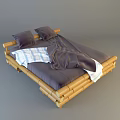 Double Bed With Bamboo Frame Dark Pillows And Blue White Striped Blanket 3d model