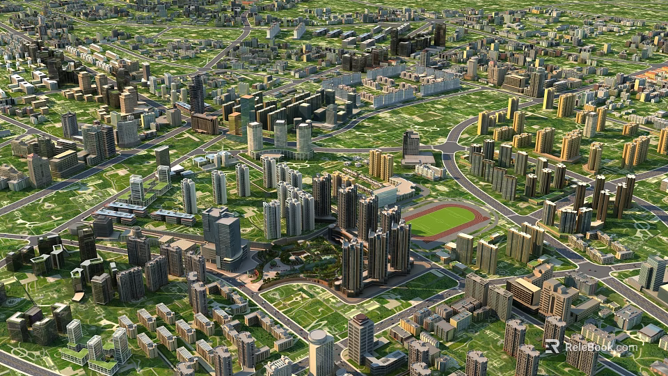 Aerial View Urban Planning With High Rise Buildings Green Spaces And Road Networks 3d model 