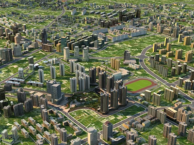 Aerial View Urban Planning With High Rise Buildings Green Spaces And Road Networks 3d model