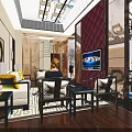 Chinese Style Clubhouse Interior With Mahogany Furniture Red Walls Chandelier And Circular Decor