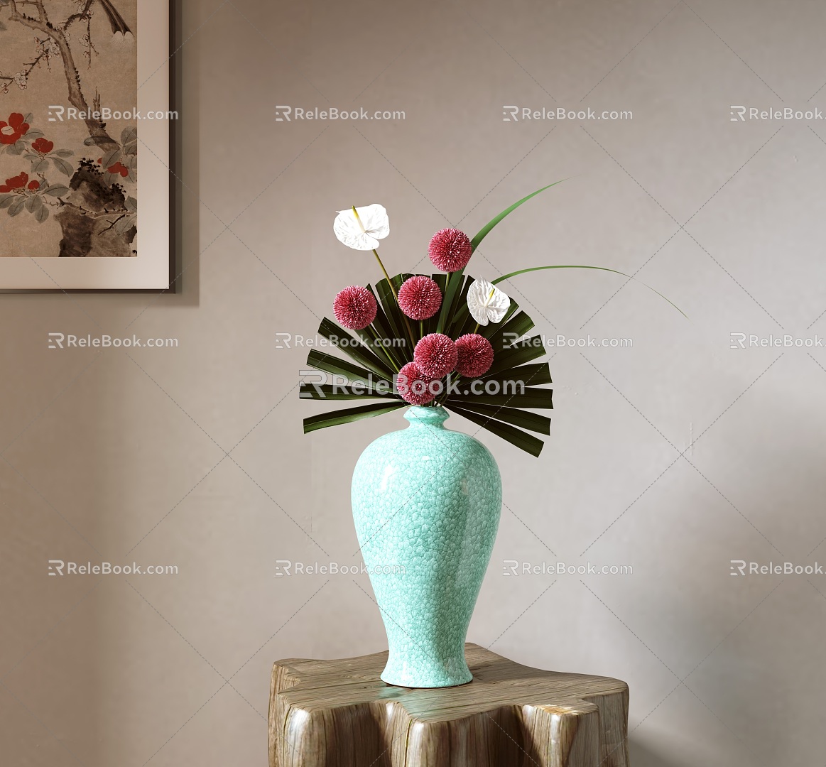 New Chinese Style Flower-arranging Vase Ornaments Japanese Style Flower-arranging Small Original Flow Zen Ping-pong Chrysanthemum White Palm 3d model