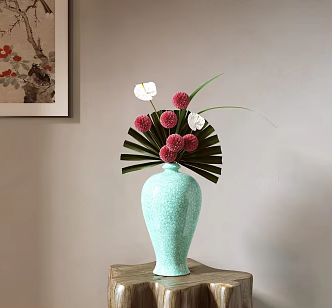 New Chinese Style Flower-arranging Vase Ornaments Japanese Style Flower-arranging Small Original Flow Zen Ping-pong Chrysanthemum White Palm 3d model