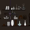 Decorative Ornament Set with Metallic Vases Books and Sculptures on Brown Shelves