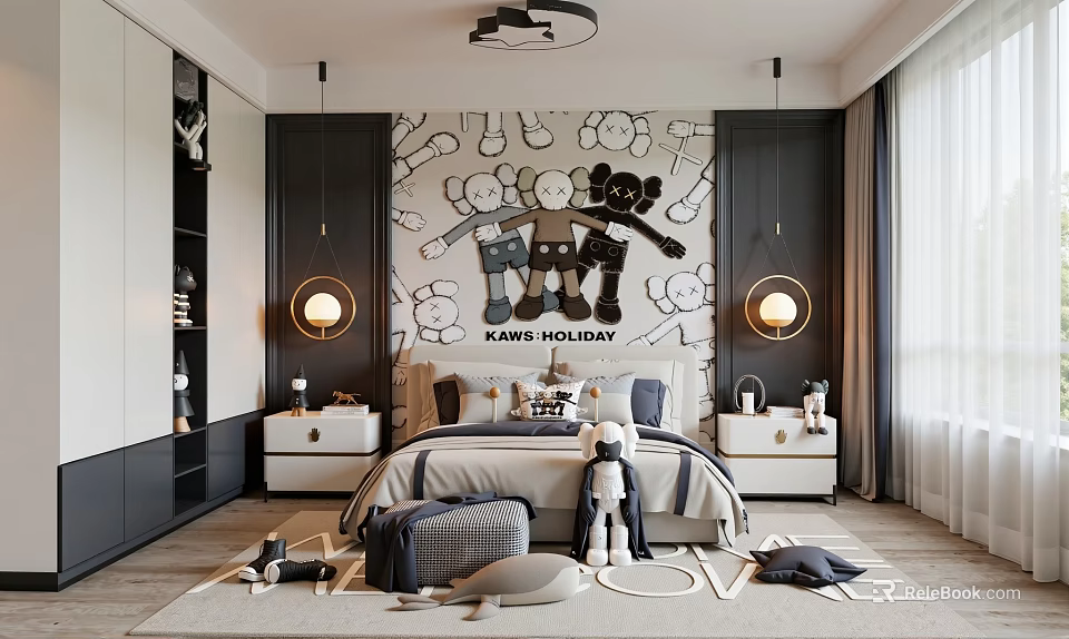 Modern Bedroom With Kaws Holiday Mural Bed Nightstands Pendant Lights And Toys 3d model 