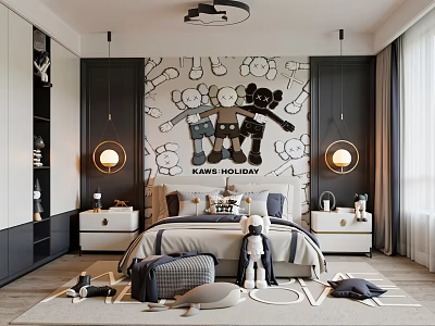 Modern Bedroom With Kaws Holiday Mural Bed Nightstands Pendant Lights And Toys 3d model