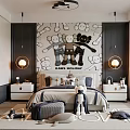 Modern Bedroom With Kaws Holiday Mural Bed Nightstands Pendant Lights And Toys