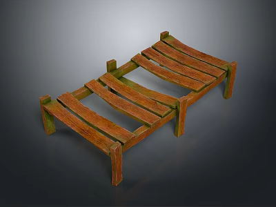 Weathered Outdoor Wooden Architectural Structure With Slats And Green Moss Accents 3d model
