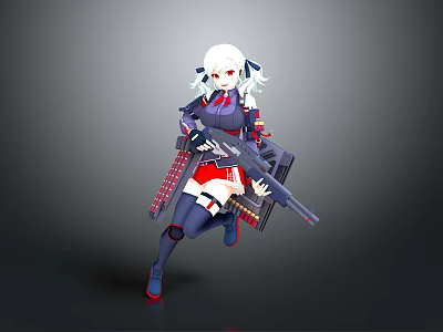 Anime Female Character With White Hair Red Eyes Holding Large Weapon In Running Pose 3d model