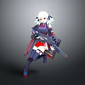 Anime Female Character With White Hair Red Eyes Holding Large Weapon In Running Pose