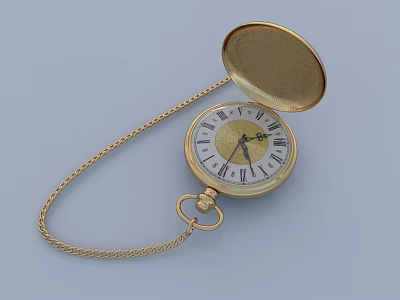 Open Golden Pocket Watch With Roman Numerals And Decorative Chain 3d model