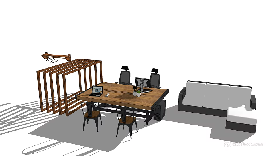 Modern Wooden Desk With Laptop Documents Black Chairs Sofa And Shelf 3d model 